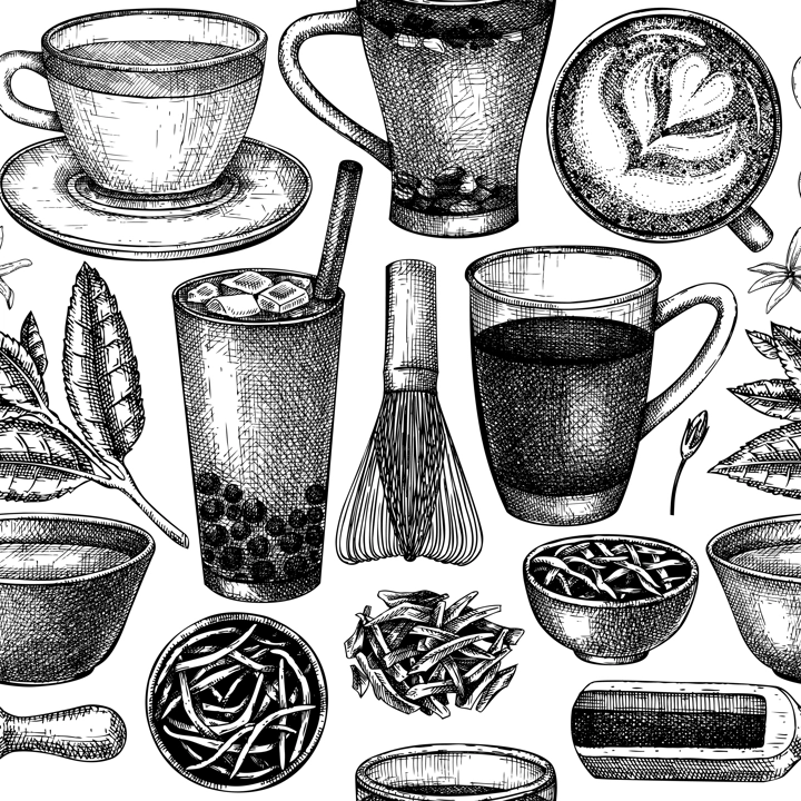 Hand-sketched tea drinks and ingredients seamless pattern. Vector backdrop with hot beverage cups, dried leaves, jasmine blossoms sketches. Popular tea background for cafe or restaurant menu design